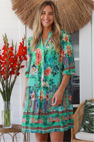 Cuba Rose mini dress in mint green with coral and sapphire floral print - viscose linen drop-waist boho dress Australia