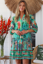 Cuba Rose mini dress in mint green with coral and sapphire floral print - viscose linen drop-waist boho dress Australia