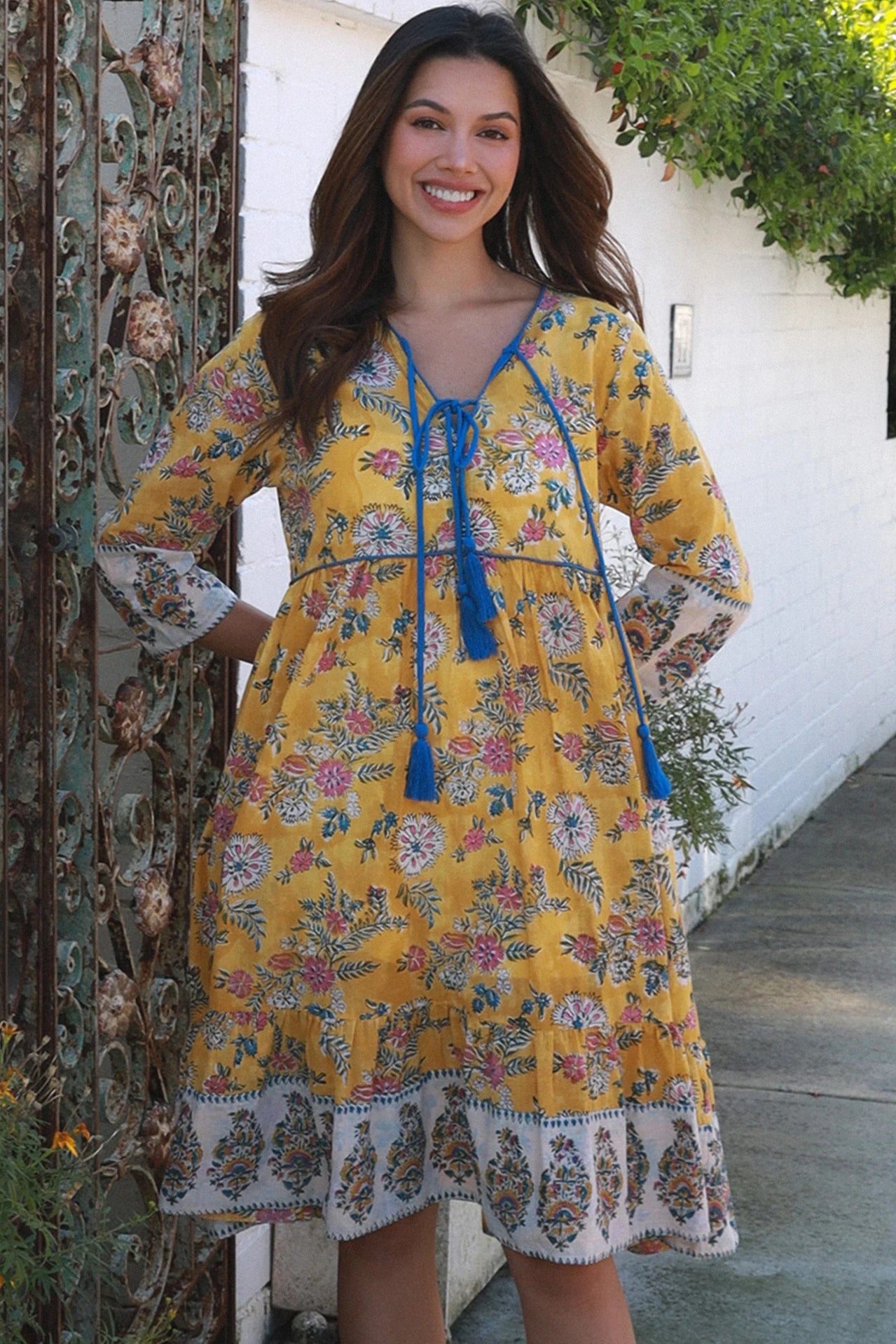Golden Dahlia cotton boho mini dress wit floral border print blue piping and tassel ties - Australia