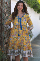 Golden Dahlia cotton boho mini dress wit floral border print blue piping and tassel ties - Australia