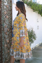 Golden Dahlia cotton boho mini dress wit floral border print blue piping and tassel ties - Australia