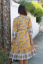 Golden Dahlia cotton boho mini dress wit floral border print blue piping and tassel ties - Australia