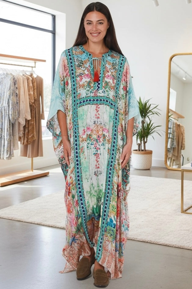 Mirage Kaftan Aqua Bloom bohemian floral viscose crepe kaftan with rhinestones