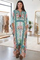 Mirage Kaftan Aqua Bloom bohemian floral viscose crepe kaftan with rhinestones
