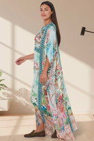 Mirage Kaftan Aqua Bloom bohemian floral viscose crepe kaftan with rhinestones