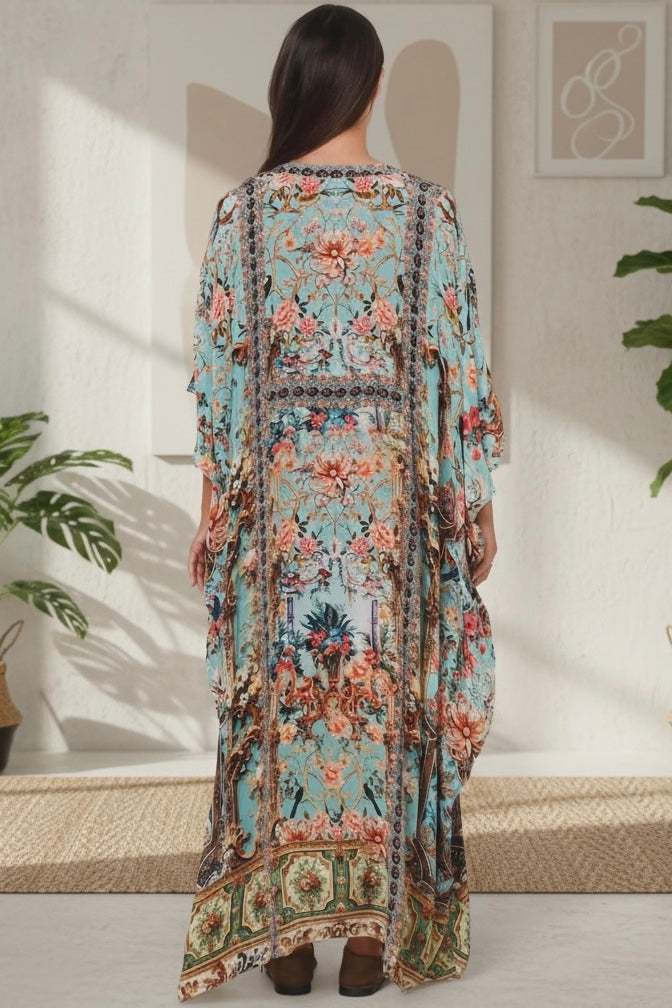 Mirage Kaftan Vintage Mint bohemian viscose crepe kaftan with botanical print, birds, rhinestones and tassel ties