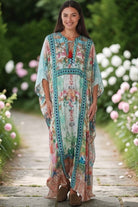 Mirage Kaftan Aqua Bloom bohemian floral viscose crepe kaftan with rhinestones