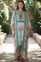 Mirage Kaftan Aqua Bloom bohemian floral viscose crepe kaftan with rhinestones