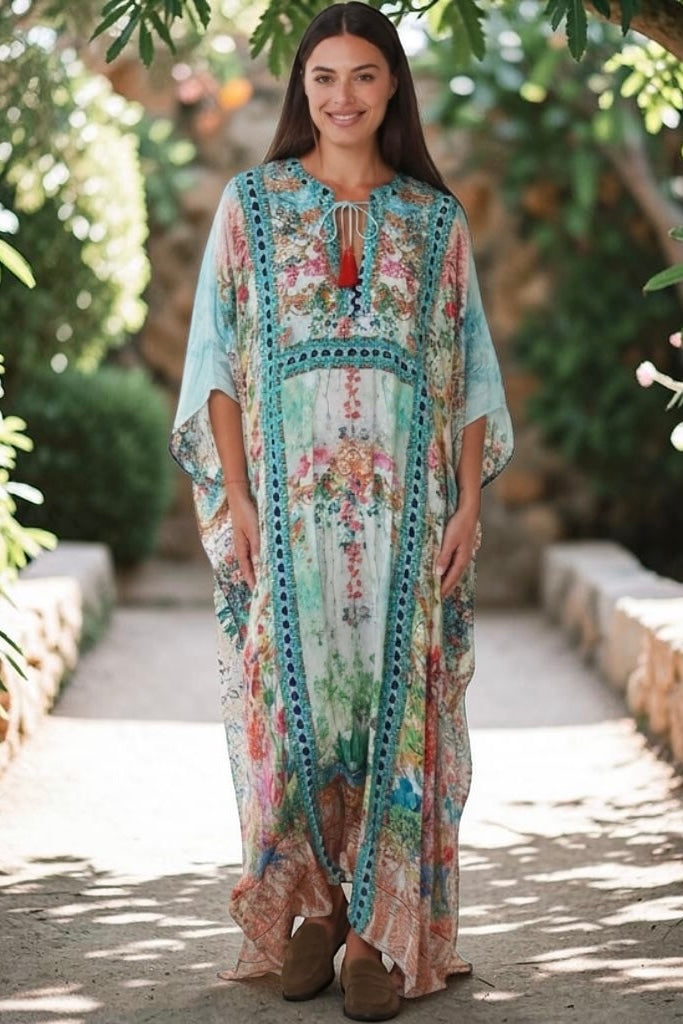 Mirage Kaftan Aqua Bloom bohemian floral viscose crepe kaftan with rhinestones