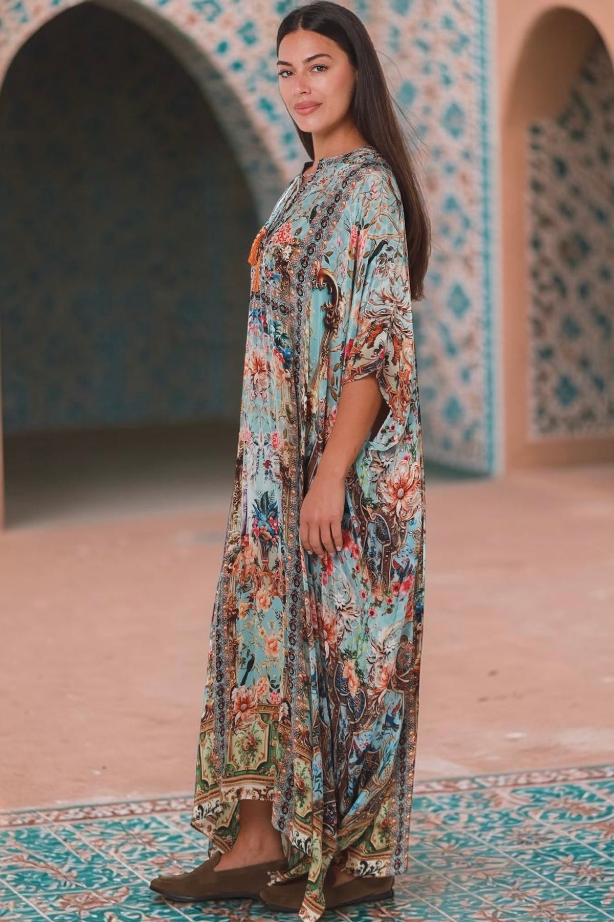 Mirage Kaftan Vintage Mint bohemian viscose crepe kaftan with botanical print, birds, rhinestones and tassel ties