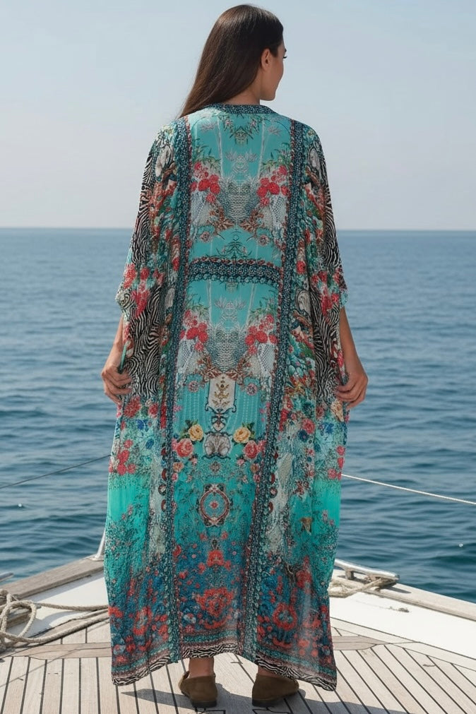 Mirage Floral Kaftan Turquoise Bloom by Peacock Feather the Label in viscose crepe with botanical boho print