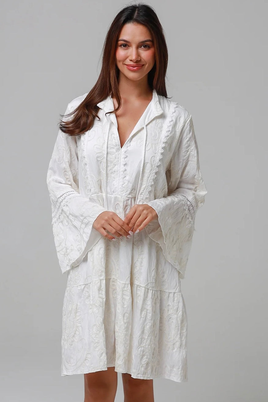 White embroidered cotton boho mini dress with lace sleeves and tassel ties - Bohemian Love Runway Australia Boho.
