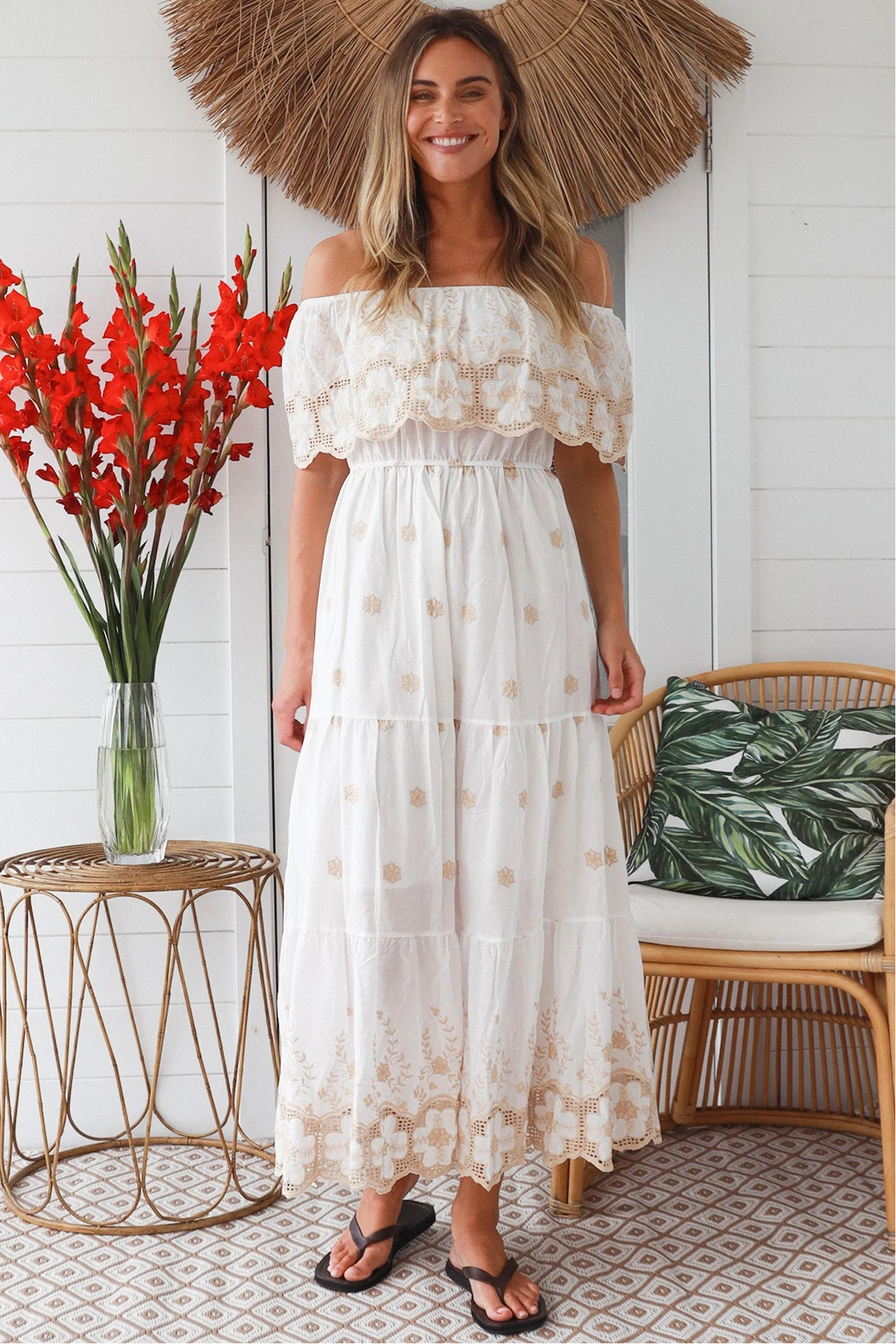 White cotton boho maxi dress with creamy beige floral embroidery and off-shoulder neckline – Bohemian Love Runway
