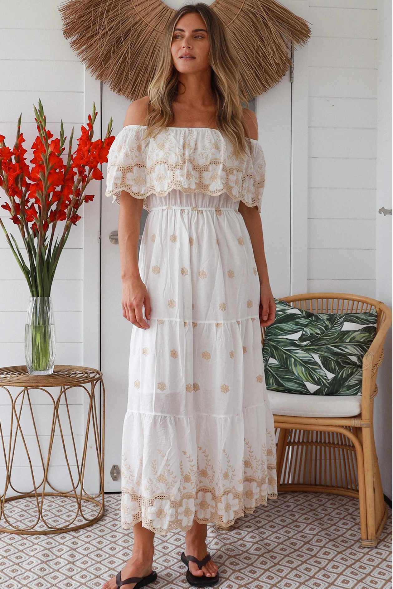 White cotton boho maxi dress with creamy beige floral embroidery and off-shoulder neckline – Bohemian Love Runway