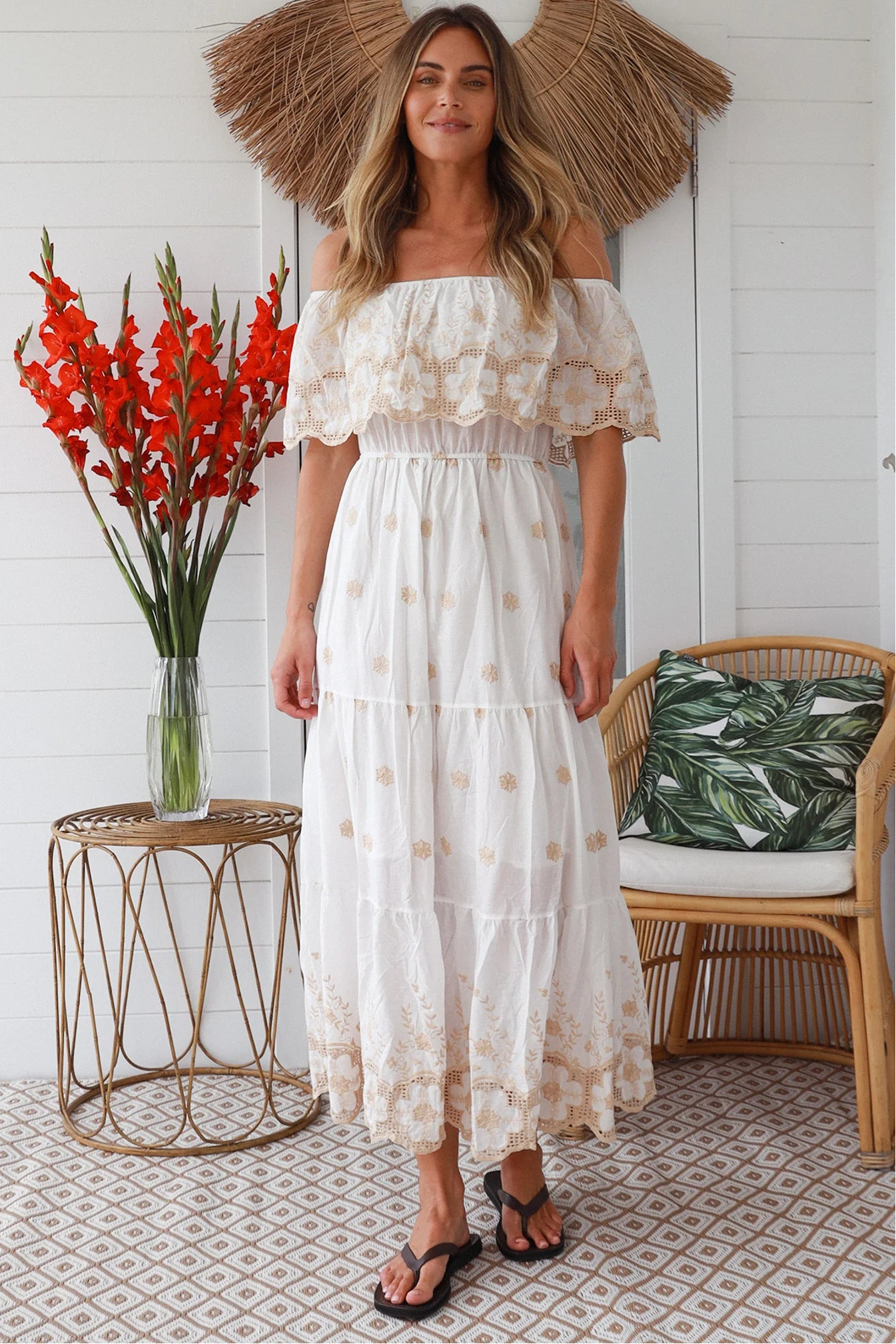 White cotton boho maxi dress with creamy beige floral embroidery and off-shoulder neckline – Bohemian Love Runway