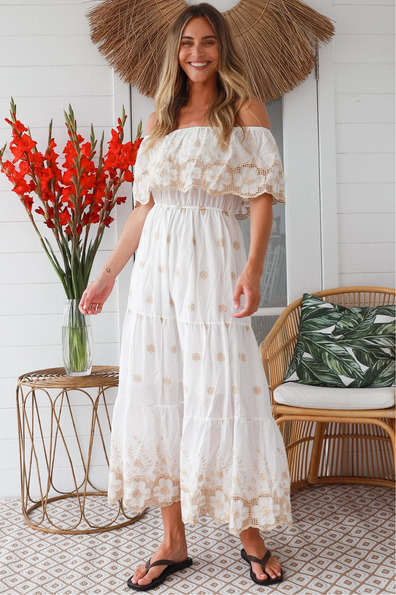 White cotton boho maxi dress with creamy beige floral embroidery and off-shoulder neckline – Bohemian Love Runway