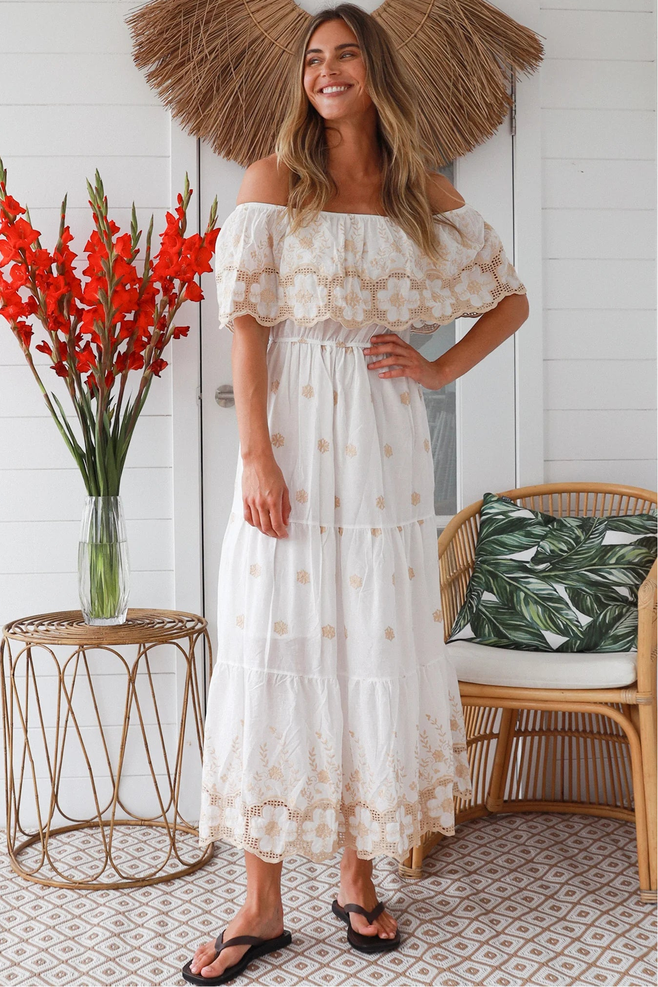 White cotton boho maxi dress with creamy beige floral embroidery and off-shoulder neckline – Bohemian Love Runway