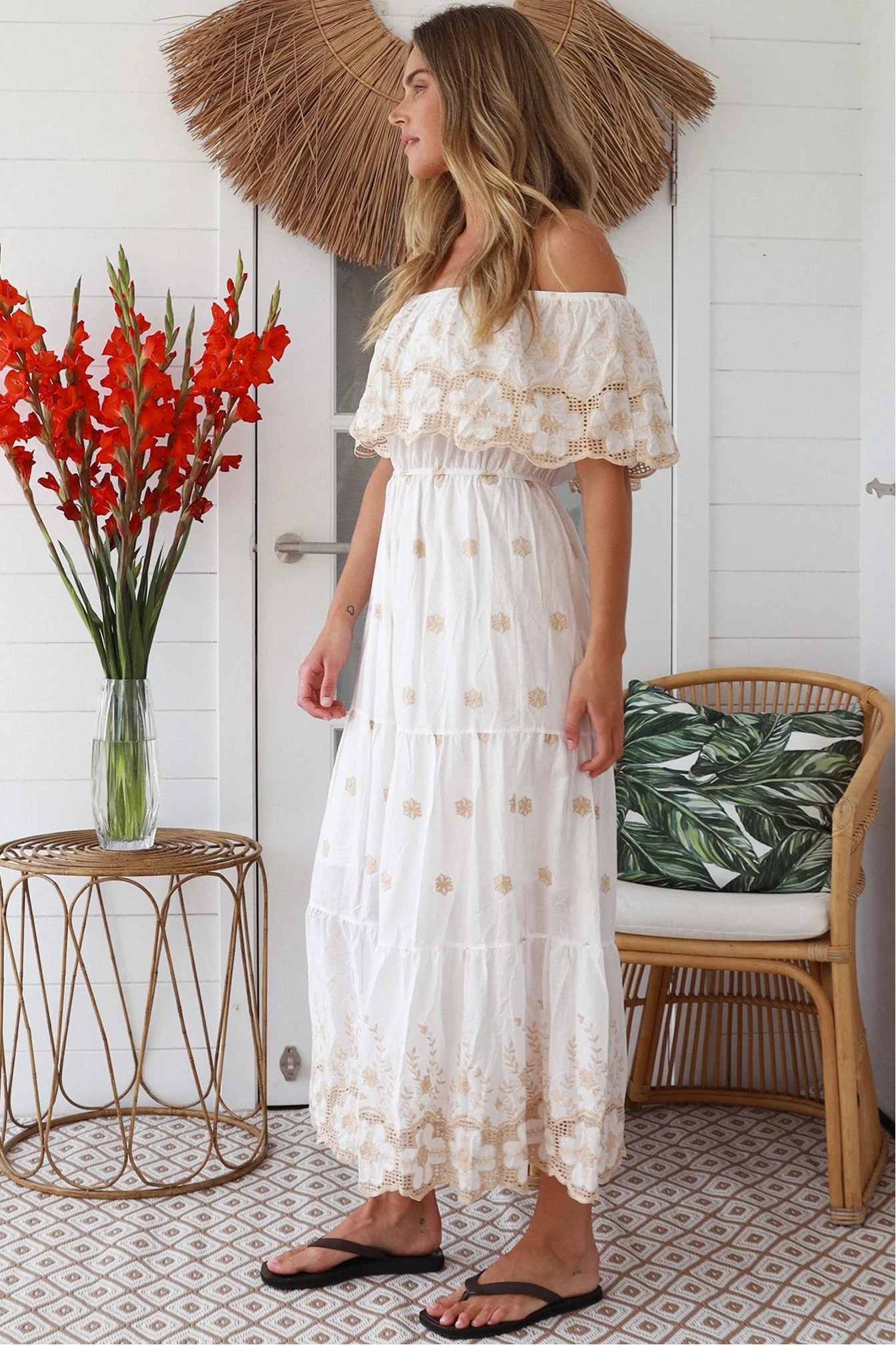 White cotton boho maxi dress with creamy beige floral embroidery and off-shoulder neckline – Bohemian Love Runway
