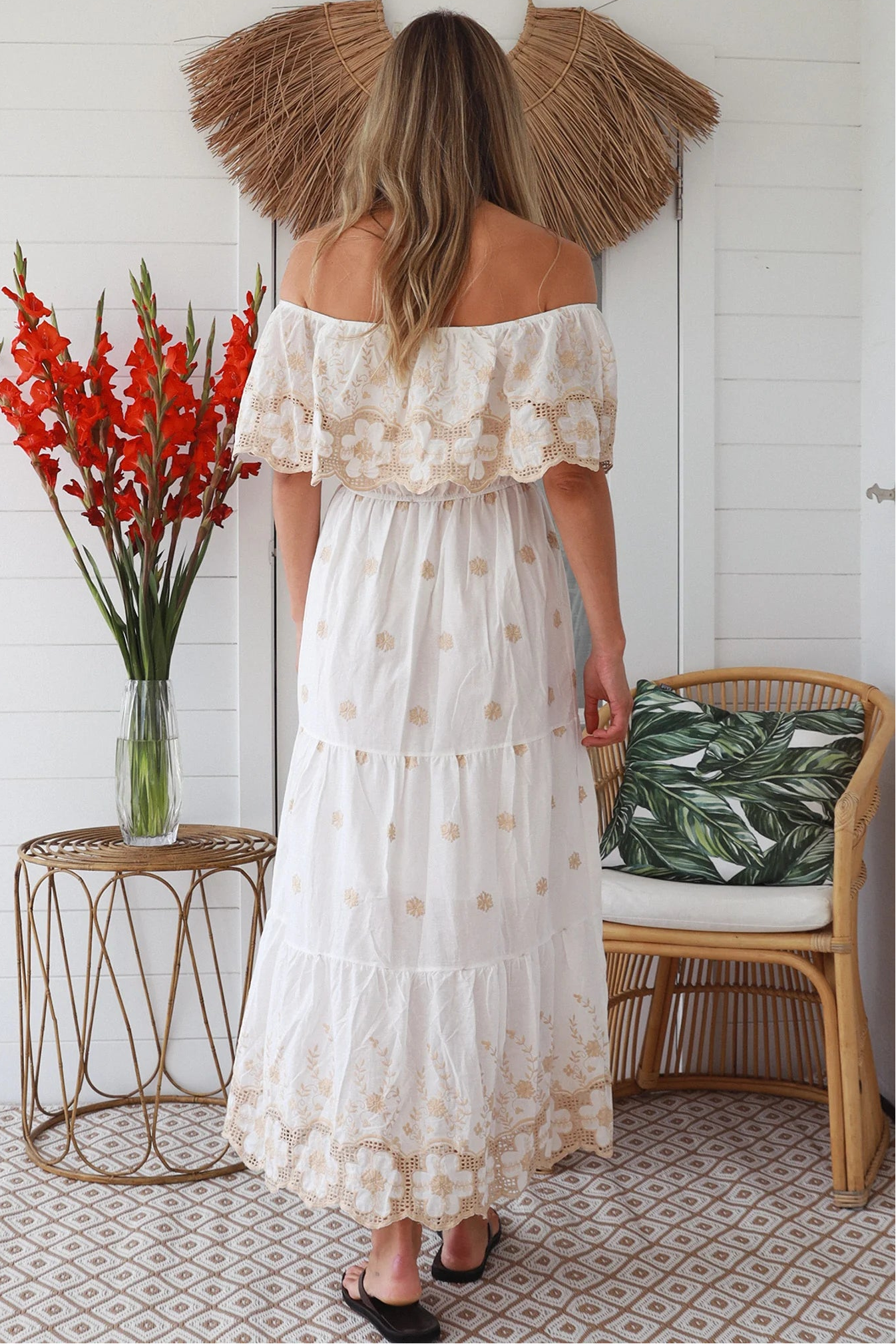 White cotton boho maxi dress with creamy beige floral embroidery and off-shoulder neckline – Bohemian Love Runway