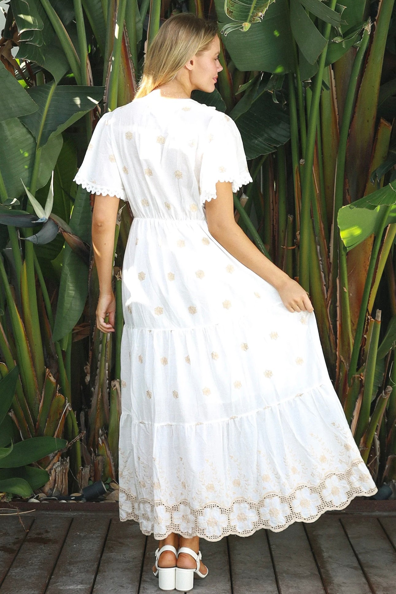 White cotton maxi dress with warm beige embroidery and scalloped embroidered hemline.