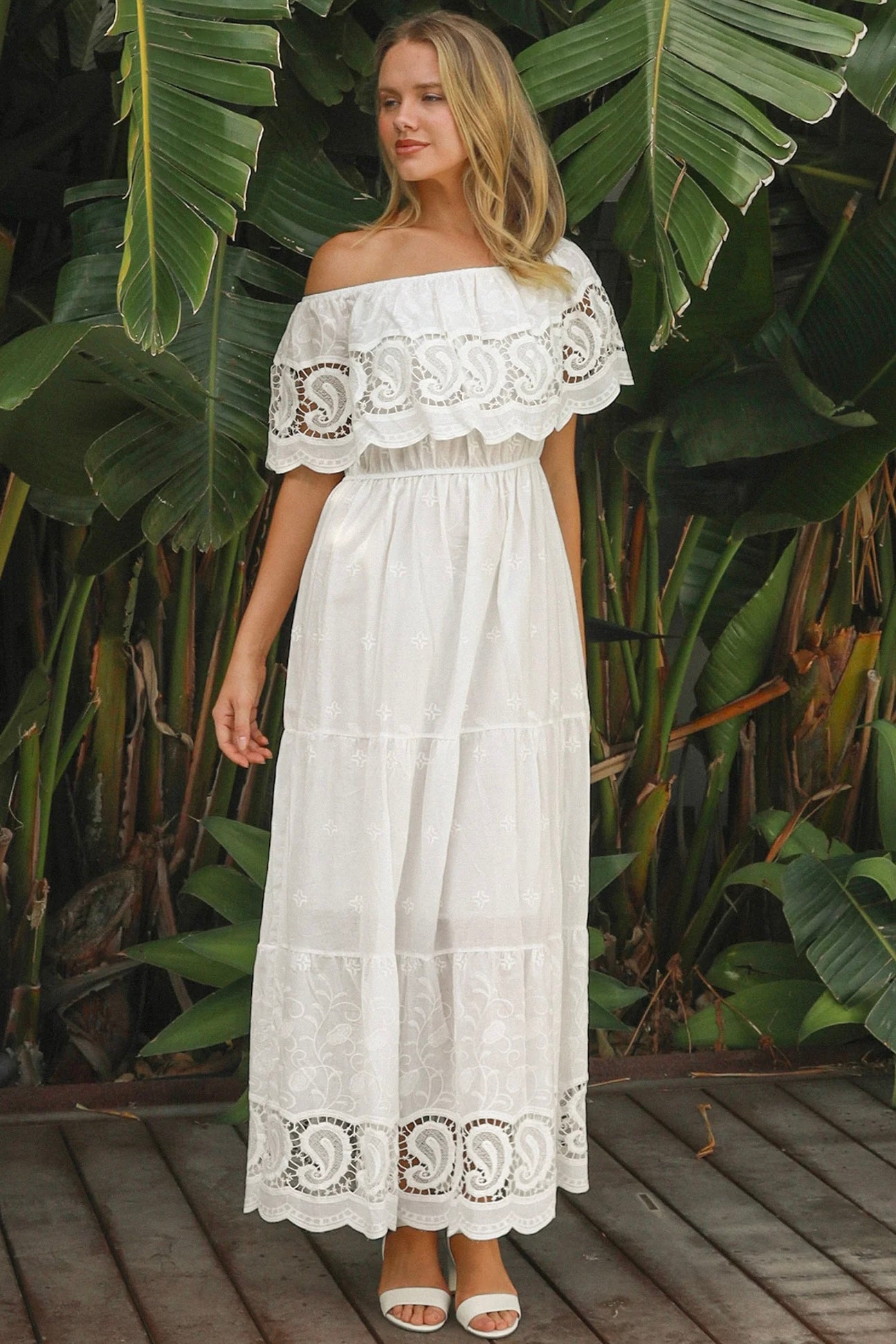 White off-shoulder embroidered cotton maxi dress with crochet lace trim – Maxi Dresses Australia.