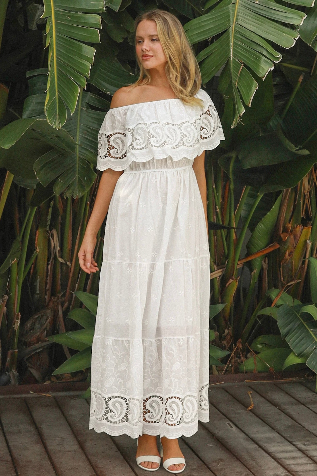 White off-shoulder embroidered cotton maxi dress with crochet lace trim – Maxi Dresses Australia.