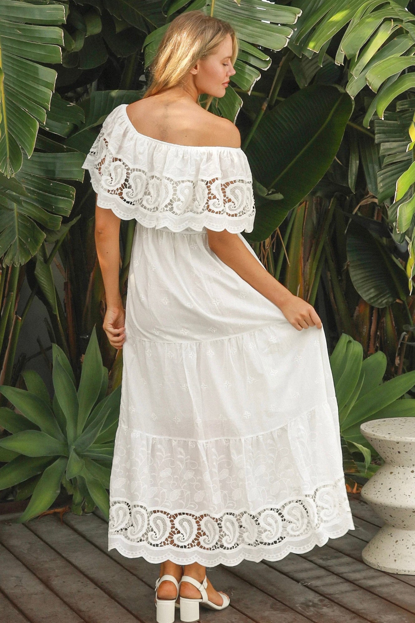 White off-shoulder embroidered cotton maxi dress with crochet lace trim – Maxi Dresses Australia.