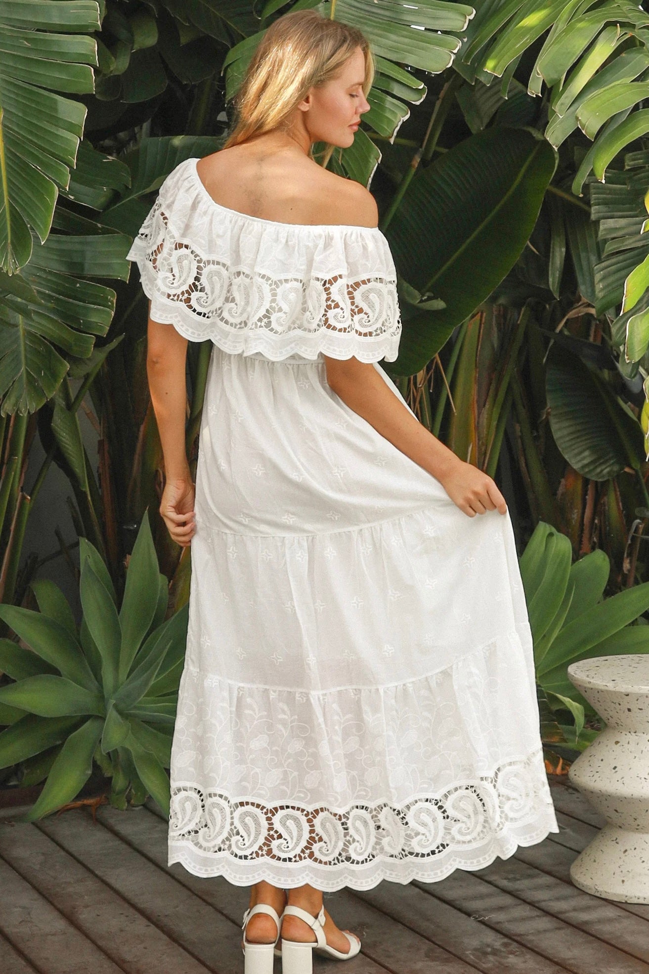 White off-shoulder embroidered cotton maxi dress with crochet lace trim – Maxi Dresses Australia.
