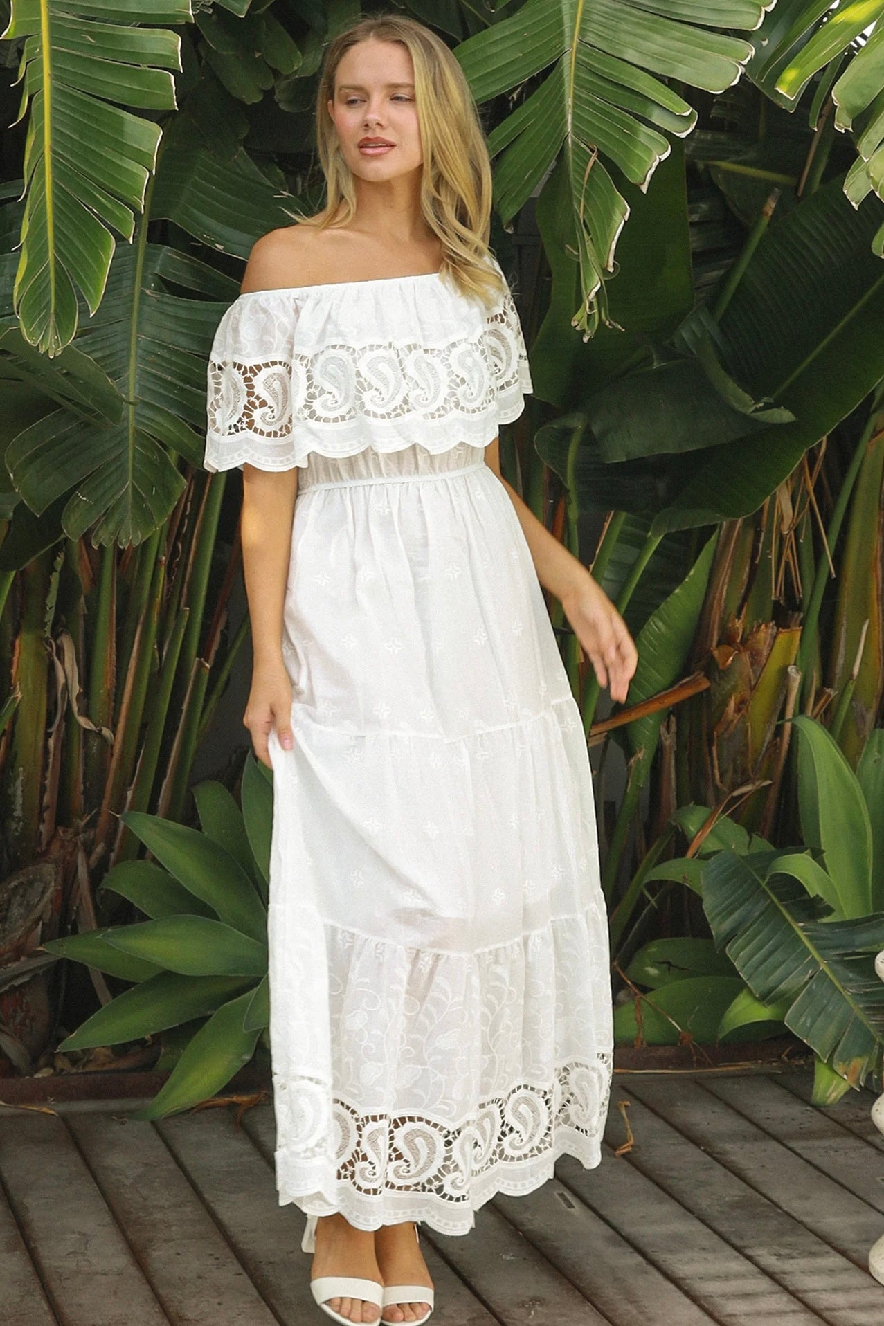 White off-shoulder embroidered cotton maxi dress with crochet lace trim – Maxi Dresses Australia.