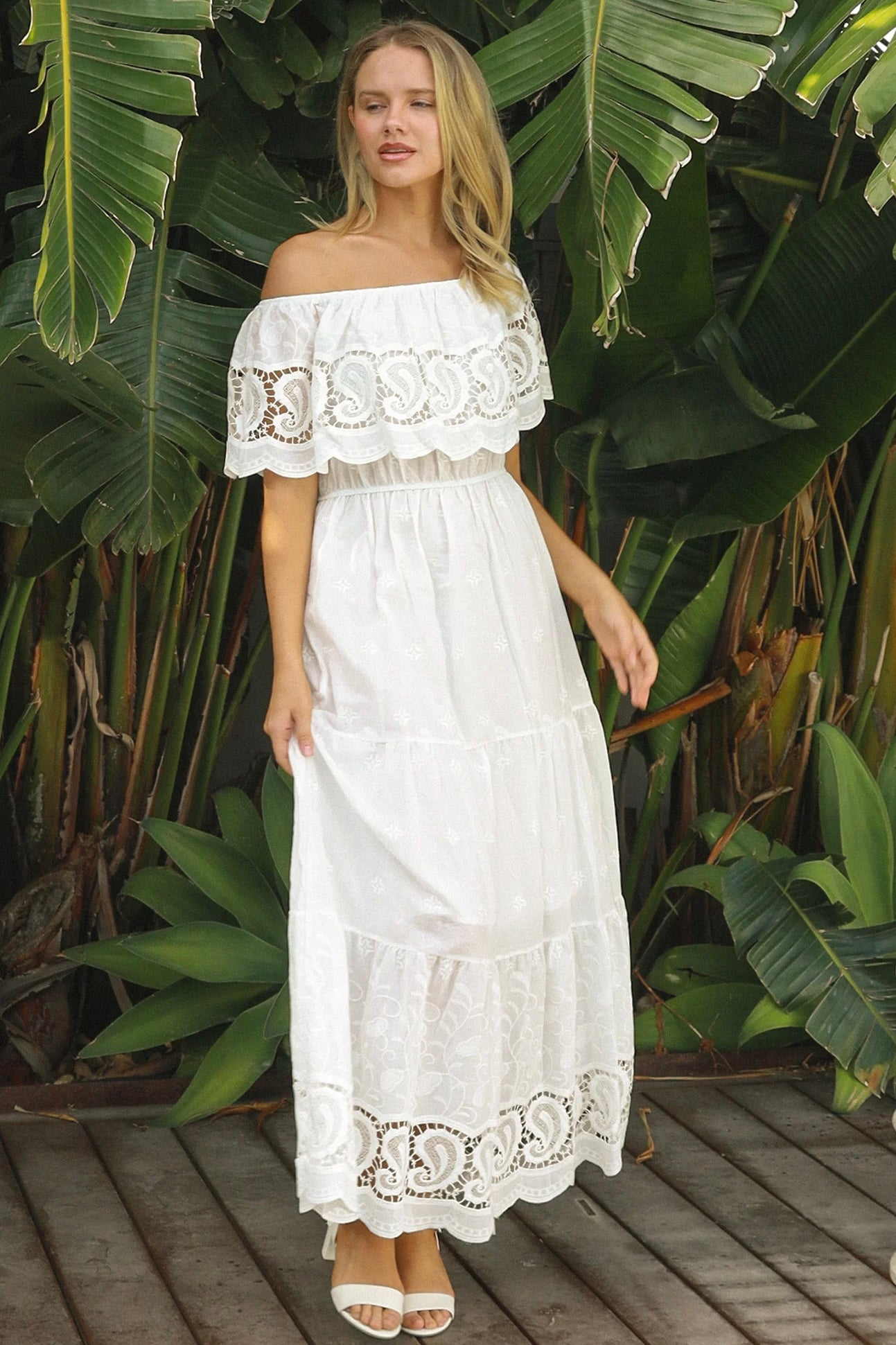 White off-shoulder embroidered cotton maxi dress with crochet lace trim – Maxi Dresses Australia.