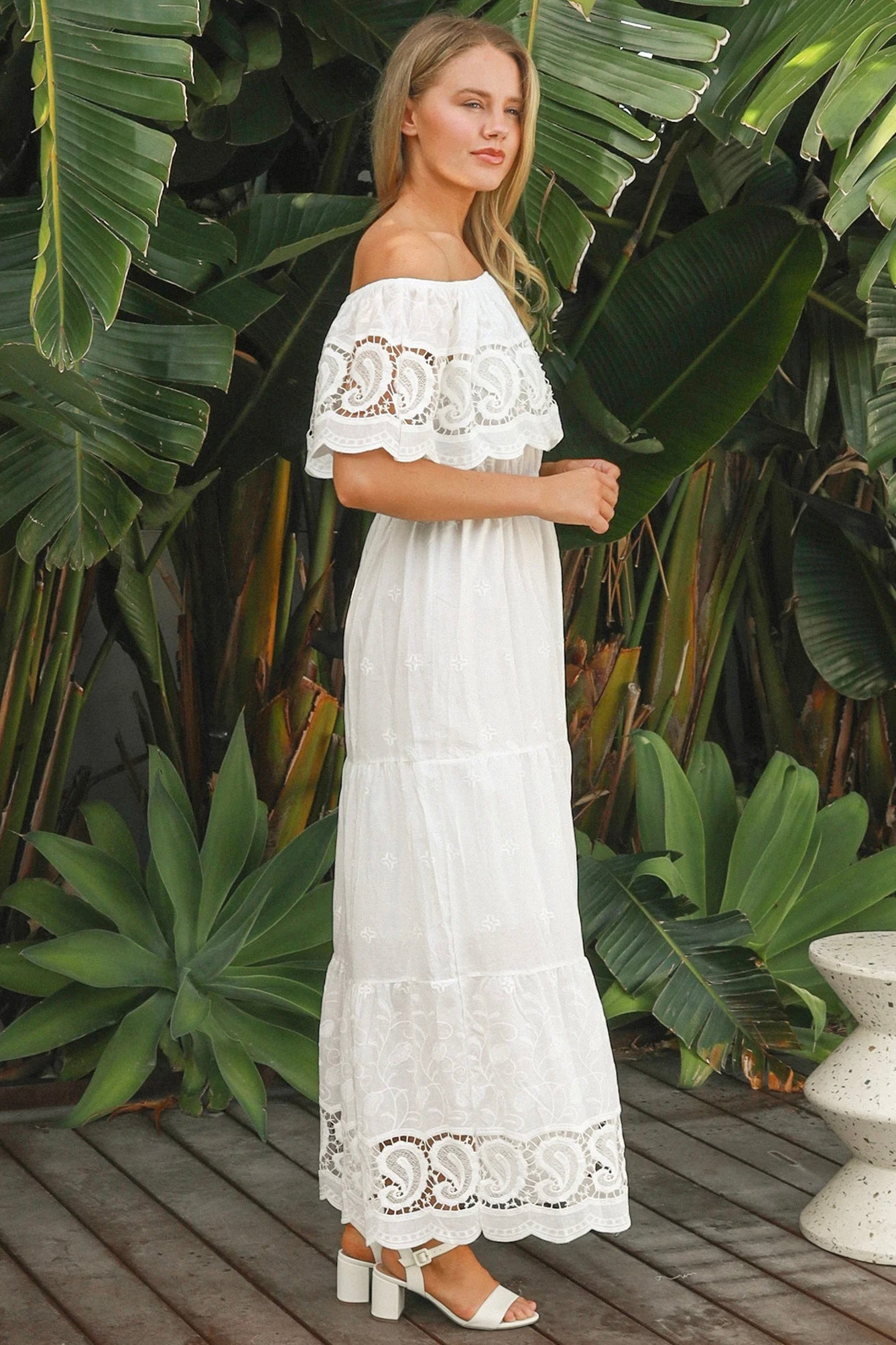 White off-shoulder embroidered cotton maxi dress with crochet lace trim – Maxi Dresses Australia.