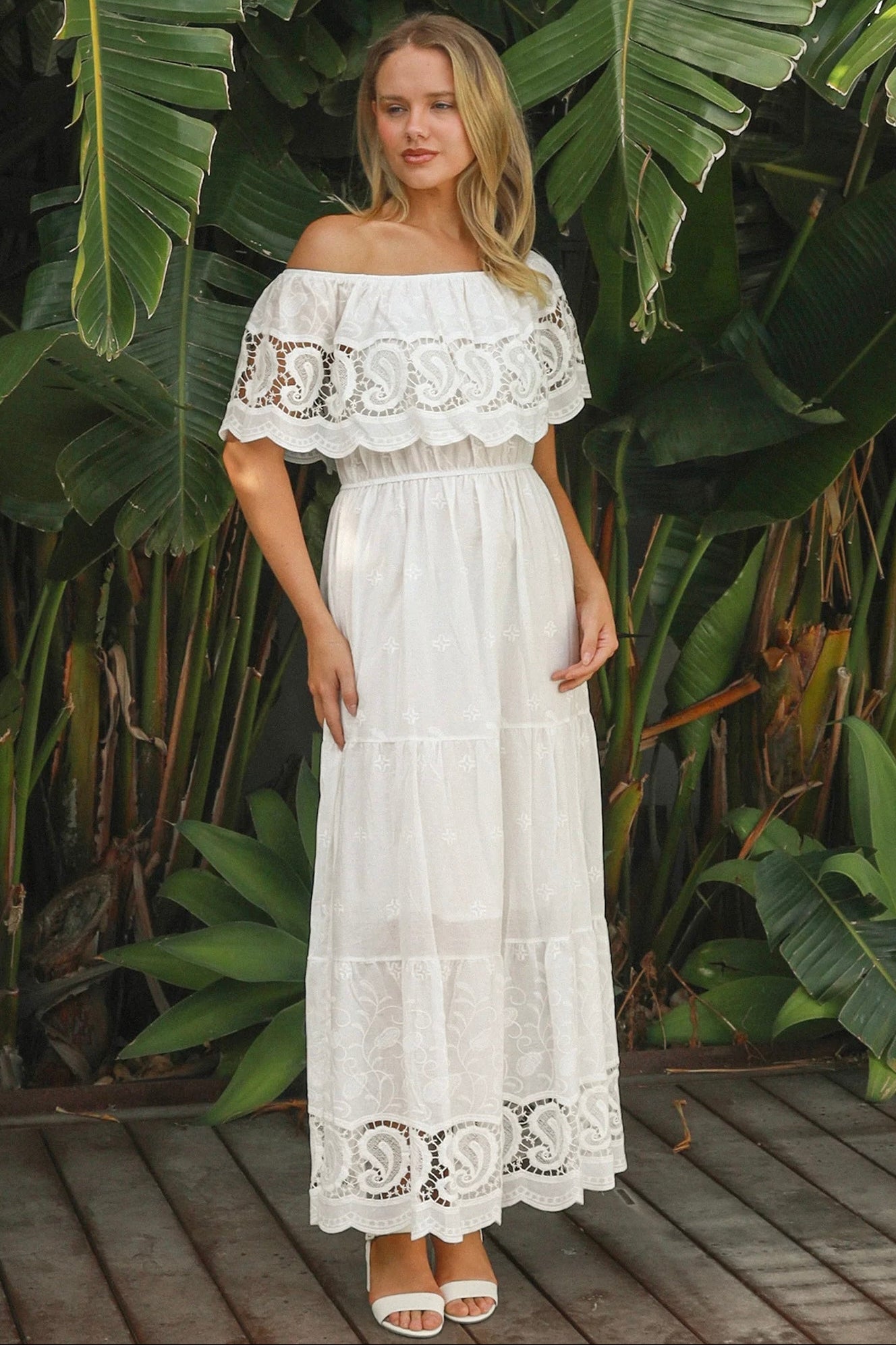 White off-shoulder embroidered cotton maxi dress with crochet lace trim – Maxi Dresses Australia.