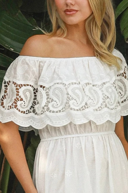 White off-shoulder embroidered cotton maxi dress with crochet lace trim – Maxi Dresses Australia.