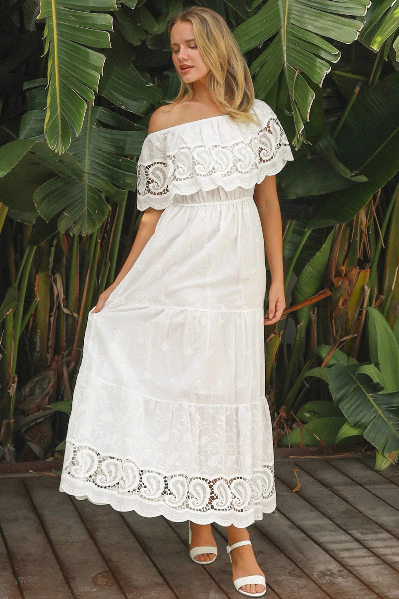 White off-shoulder embroidered cotton maxi dress with crochet lace trim – Maxi Dresses Australia.