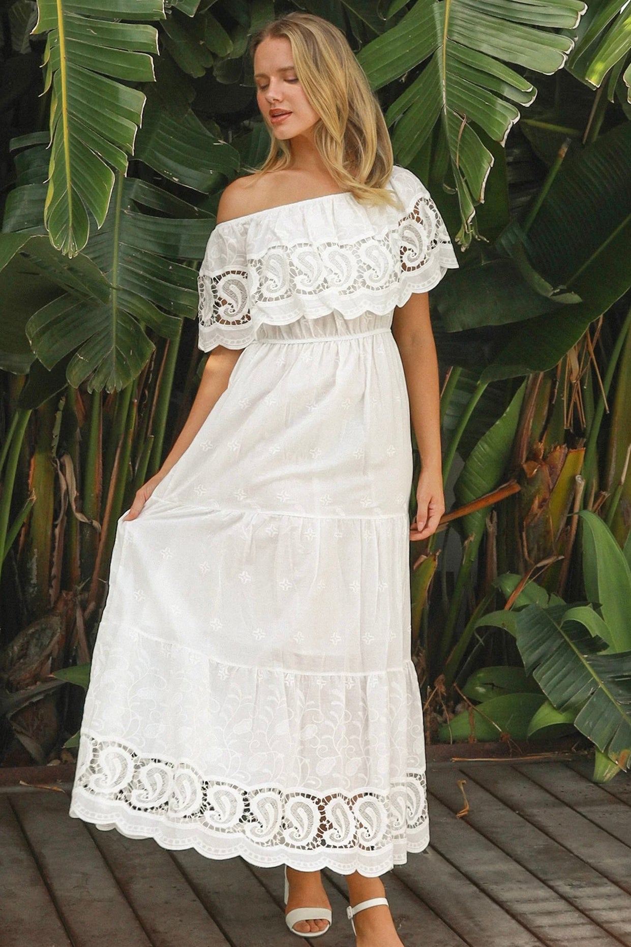 White off-shoulder embroidered cotton maxi dress with crochet lace trim – Maxi Dresses Australia.