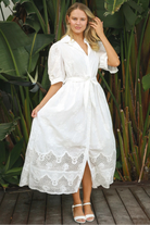 White embroidered cotton maxi dress with puff sleeves, waist tie and crochet hem – Paige Embroidered Cotton Maxi Dress
