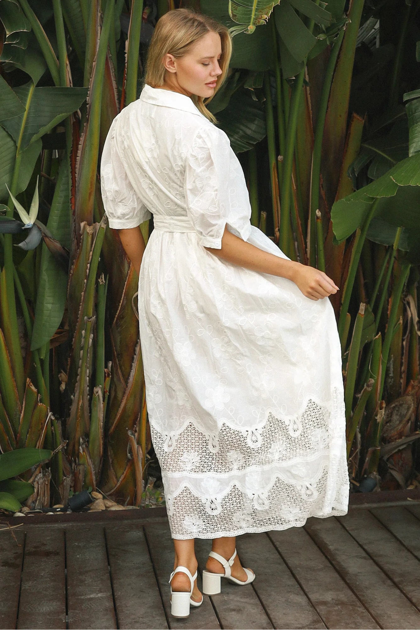 White embroidered cotton maxi dress with puff sleeves, waist tie and crochet hem – Paige Embroidered Cotton Maxi Dress