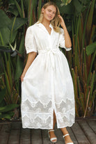 White embroidered cotton maxi dress with puff sleeves, waist tie and crochet hem – Paige Embroidered Cotton Maxi Dress