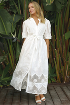 White embroidered cotton maxi dress with puff sleeves, waist tie and crochet hem – Paige Embroidered Cotton Maxi Dress