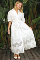 White embroidered cotton maxi dress with puff sleeves, waist tie and crochet hem – Paige Embroidered Cotton Maxi Dress