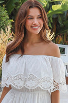 White off shoulder embroidered cotton maxi dress with lace crochet panels and tiered skirt