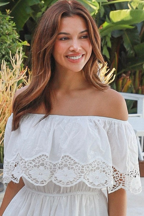 White off shoulder embroidered cotton maxi dress with lace crochet panels and tiered skirt