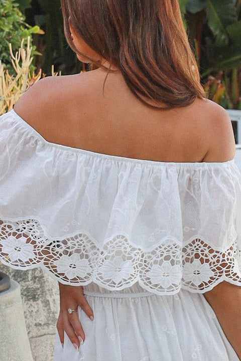 White off shoulder embroidered cotton maxi dress with lace crochet panels and tiered skirt