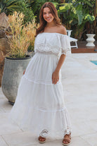 White off shoulder embroidered cotton maxi dress with lace crochet panels and tiered skirt