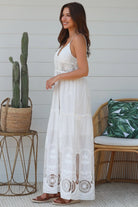 White embroidered cotton boho maxi dress with crochet bodice and lace hemline by Salty Palm Australia