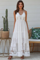 White embroidered cotton boho maxi dress with crochet bodice and lace hemline by Salty Palm Australia
