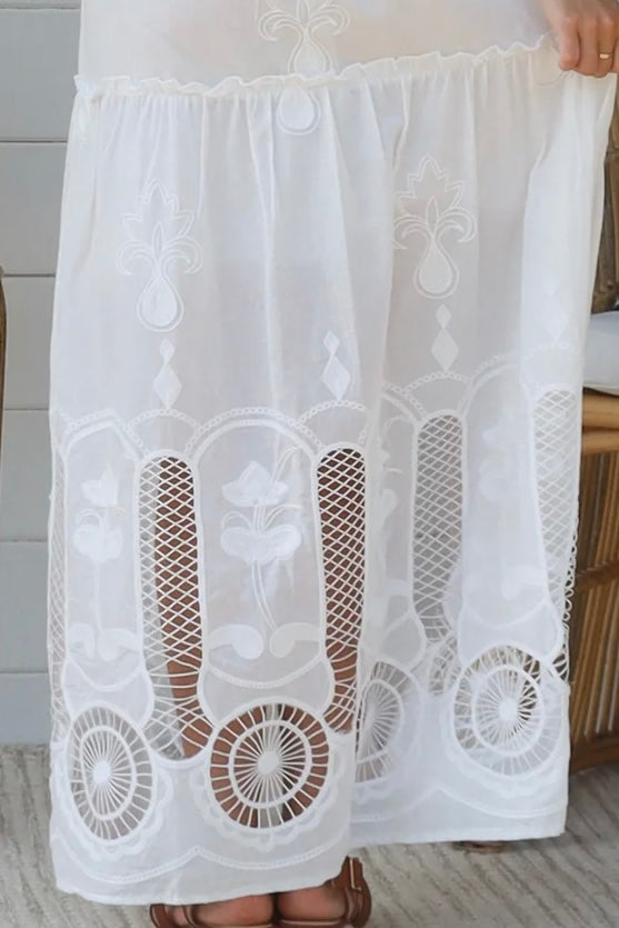 White embroidered cotton boho maxi dress with crochet bodice and lace hemline by Salty Palm Australia