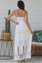 White embroidered cotton boho maxi dress with crochet bodice and lace hemline by Salty Palm Australia