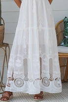 White embroidered cotton boho maxi dress with crochet bodice and lace hemline by Salty Palm Australia