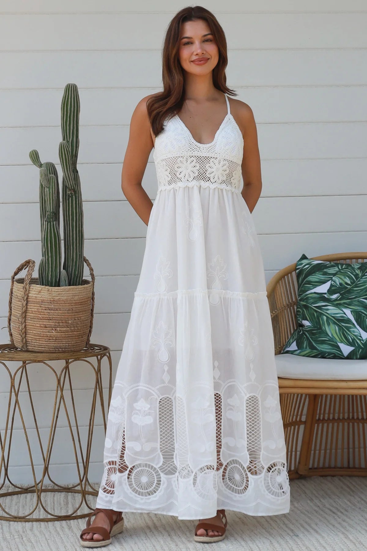 White embroidered cotton boho maxi dress with crochet bodice and lace hemline by Salty Palm Australia